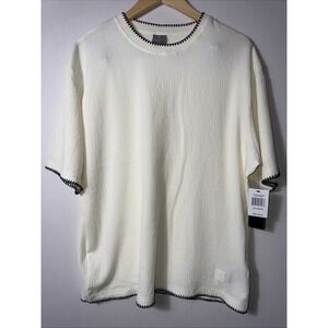 Saints Studio Mens Dawn Fiber Cream Textured T-Shirt Black Blanket Stitch Medium